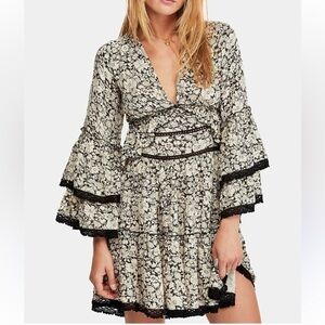 Free People Kristall Black & Cream Floral Tiered Smocked Backless Dress EUC